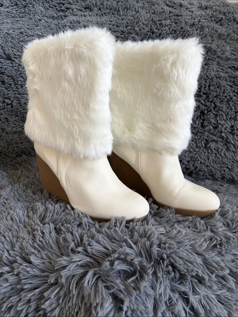 Jennifer Lopez White Faux Fur Wedge Boots with Tan Wedge